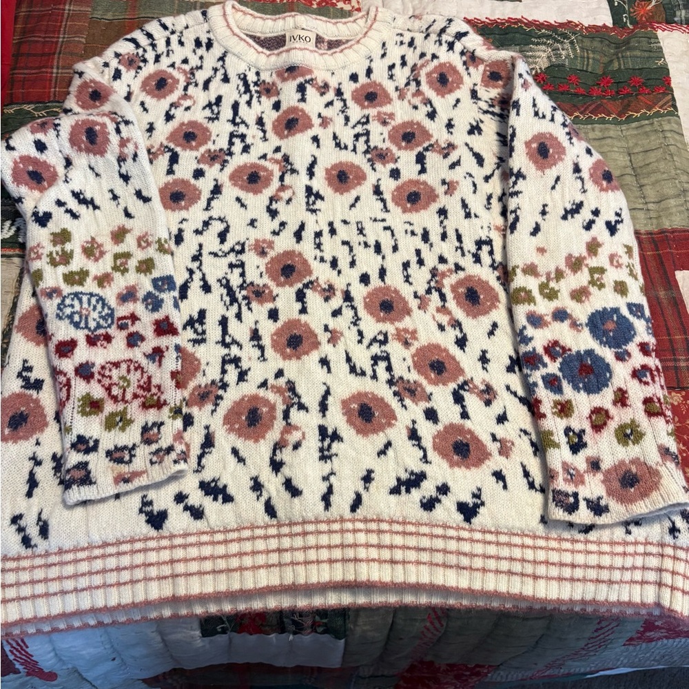 IVKO Floral Crew Neck Sweater - Cream and Blue
